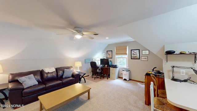 living room featuring light carpet, lofted ceiling, and ceiling fan