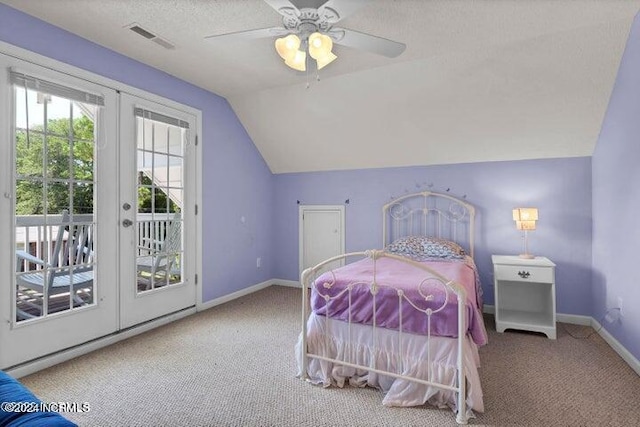 bedroom featuring access to outside, french doors, carpet flooring, vaulted ceiling, and ceiling fan