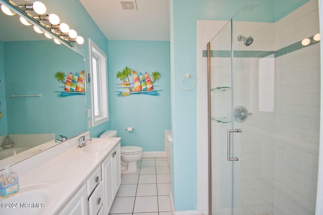 bathroom featuring tile patterned flooring, vanity, a shower with door, and toilet