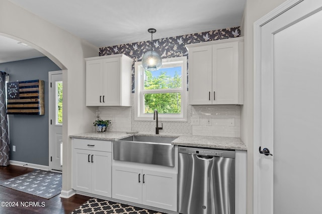 kitchen with dishwasher, dark hardwood / wood-style flooring, white cabinetry, and sink