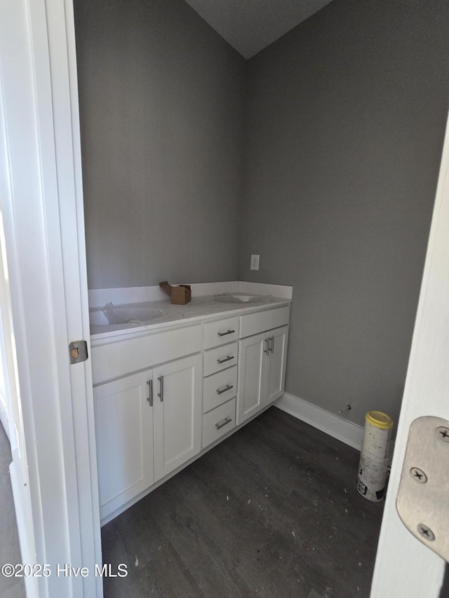 bathroom with wood-type flooring and vanity