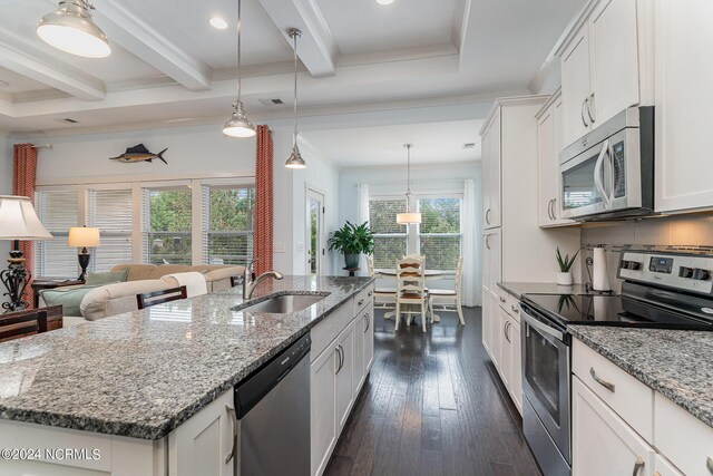 kitchen with sink, dark hardwood / wood-style flooring, stainless steel appliances, and plenty of natural light