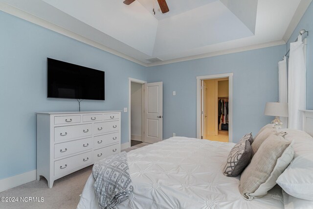 carpeted bedroom featuring a spacious closet, a tray ceiling, and ceiling fan