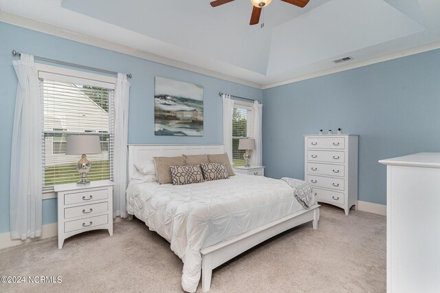 carpeted bedroom with multiple windows, crown molding, ceiling fan, and a raised ceiling