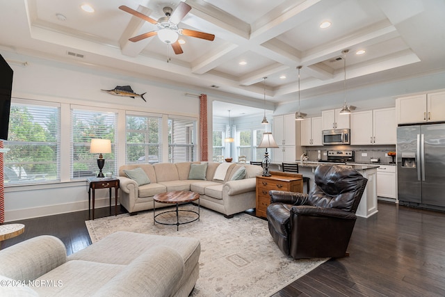 living room featuring ceiling fan, beamed ceiling, dark hardwood / wood-style flooring, and coffered ceiling