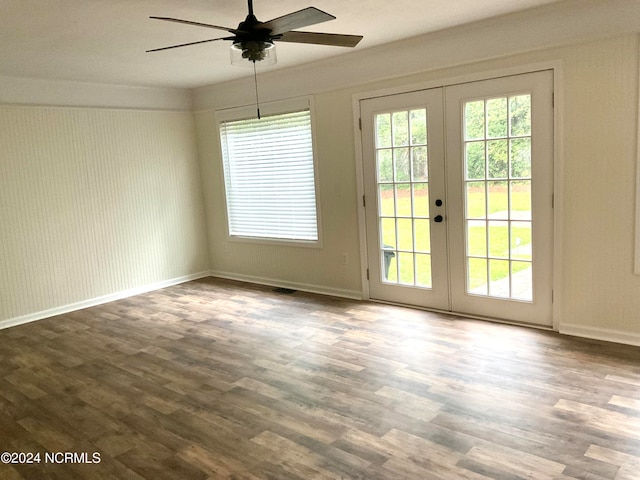 entryway with french doors, ceiling fan, and hardwood / wood-style floors