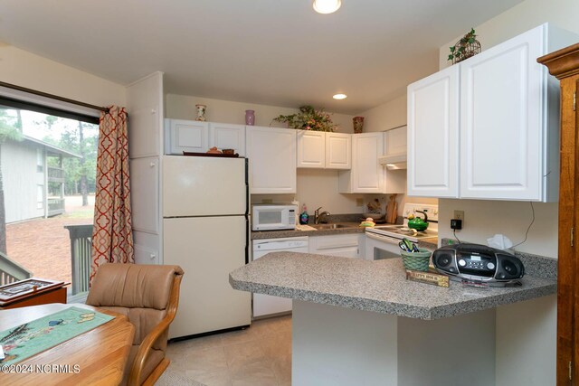 kitchen featuring kitchen peninsula, sink, white appliances, and white cabinetry