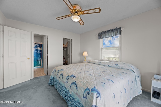 bedroom with ensuite bathroom, carpet, a spacious closet, ceiling fan, and a closet