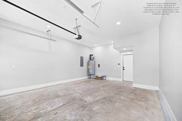 garage with a garage door opener, electric panel, and water heater