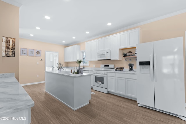 kitchen with white cabinetry, white appliances, and light wood-type flooring