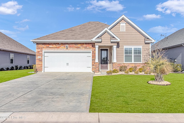 craftsman-style home with a garage and a front lawn