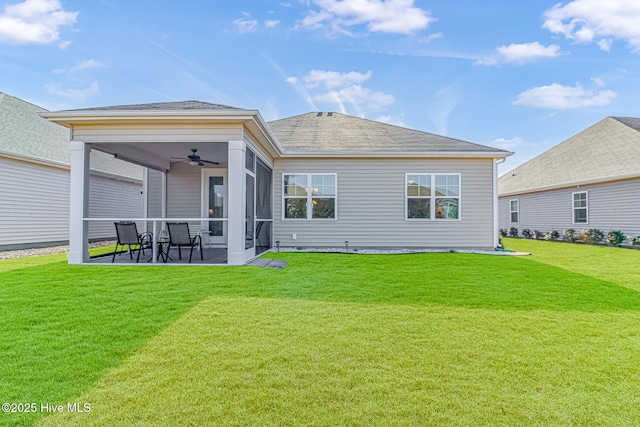 back of house with a lawn, a patio area, ceiling fan, and a sunroom