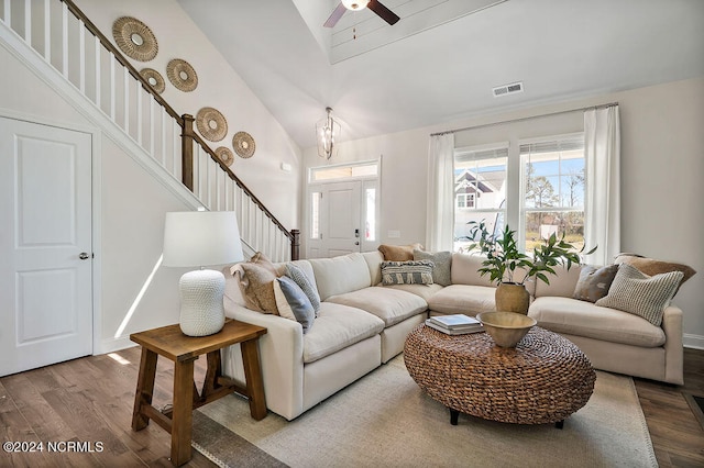 living room featuring high vaulted ceiling, ceiling fan, and light hardwood / wood-style floors