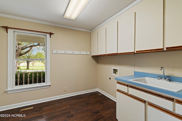 washroom featuring washer hookup, hookup for an electric dryer, cabinets, dark hardwood / wood-style floors, and sink