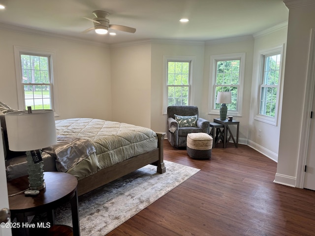 403 Main St, Bayboro, NC 28515 - bedroom featuring multiple windows, dark wood-style flooring, baseboards, recessed lighting, and crown molding