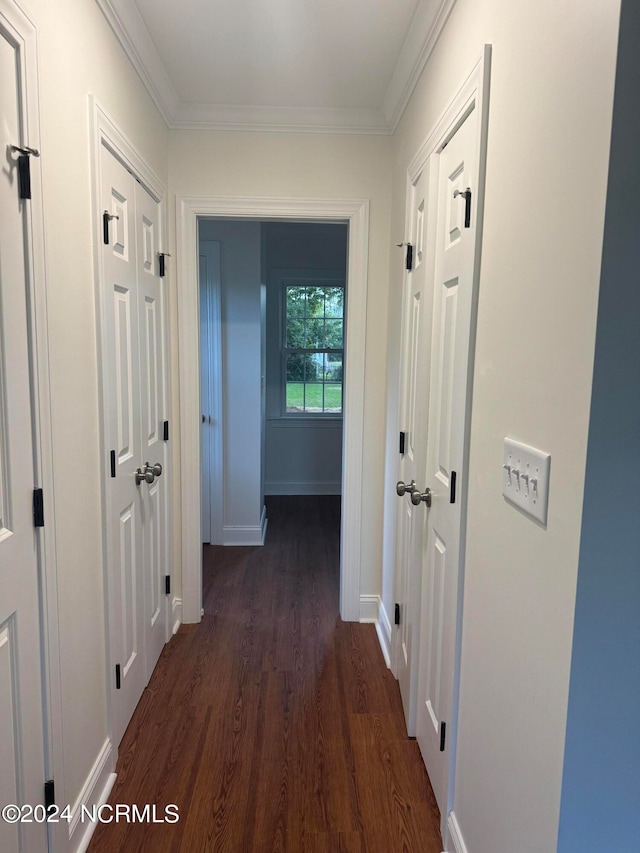 hallway with ornamental molding and dark hardwood / wood-style floors