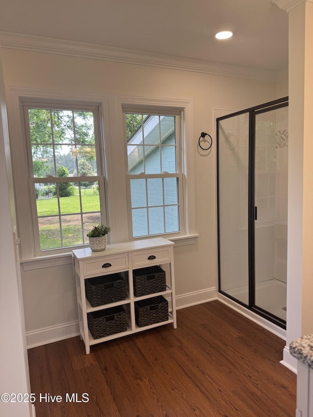 403 Main St, Bayboro, NC 28515 - doorway with baseboards, ornamental molding, dark wood finished floors, and recessed lighting