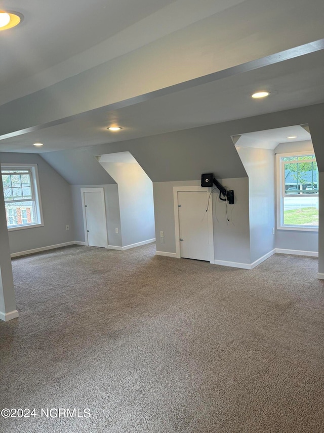 additional living space with a wealth of natural light, vaulted ceiling, and carpet floors