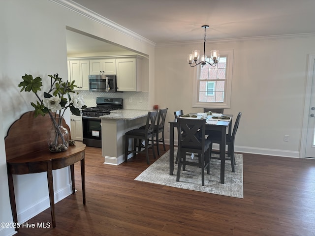 403 Main St, Bayboro, NC 28515 - dining area featuring a chandelier, dark wood-style floors, ornamental molding, and baseboards