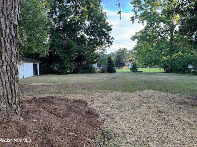 view of yard with a garage and an outbuilding