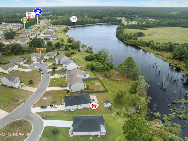 aerial view featuring a water view