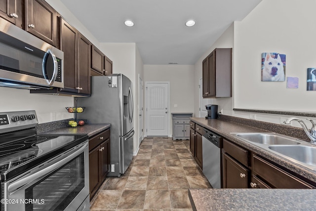 kitchen with sink, dark brown cabinets, and stainless steel appliances