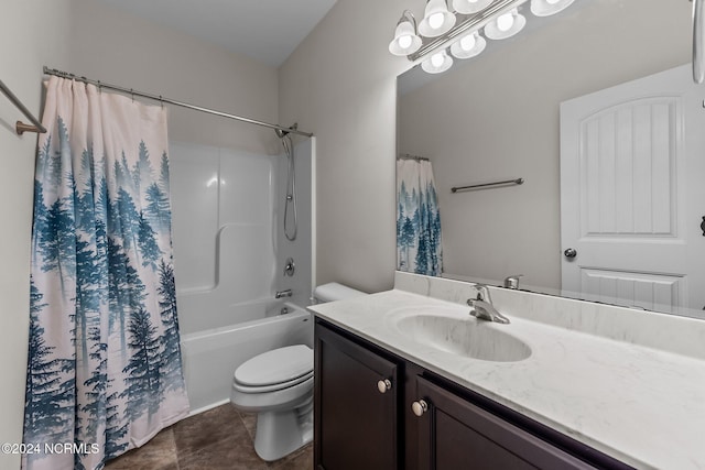 full bathroom featuring vanity, tile patterned flooring, toilet, and shower / bathtub combination with curtain