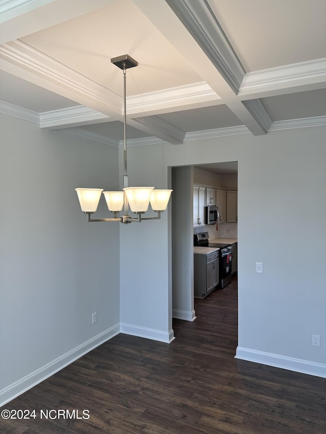 unfurnished dining area with crown molding, beamed ceiling, a chandelier, and dark hardwood / wood-style floors