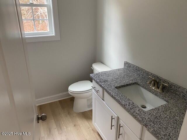 bathroom featuring vanity, hardwood / wood-style floors, and toilet