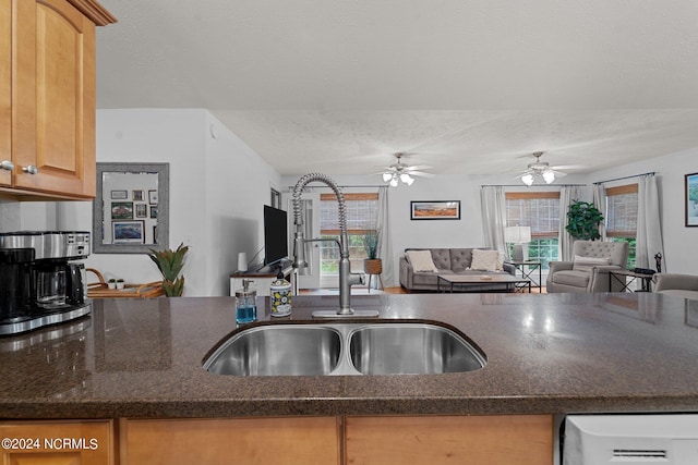 kitchen with a textured ceiling, sink, and ceiling fan