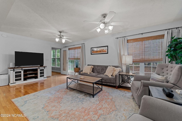 living room featuring ceiling fan, a healthy amount of sunlight, a textured ceiling, and light hardwood / wood-style flooring