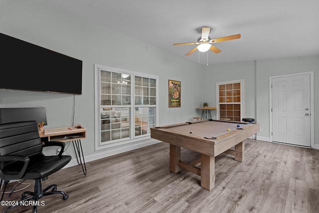 recreation room with hardwood / wood-style floors, billiards, and ceiling fan