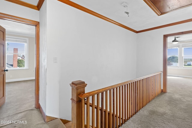 hall featuring a healthy amount of sunlight, crown molding, and light carpet