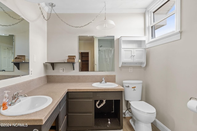 bathroom featuring vanity, hardwood / wood-style flooring, toilet, ornamental molding, and curtained shower