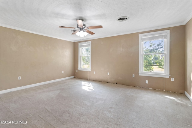 carpeted empty room with a textured ceiling, ceiling fan, crown molding, and a wealth of natural light