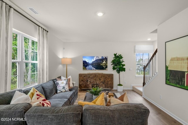 living room featuring hardwood / wood-style floors and a wealth of natural light