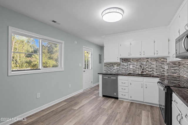 kitchen with white cabinets, sink, stainless steel dishwasher, backsplash, and light wood-type flooring