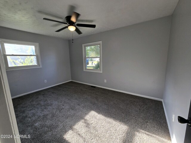 empty room with carpet floors, plenty of natural light, and ceiling fan