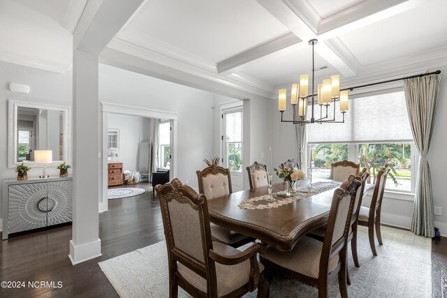 dining space with beamed ceiling, dark wood-type flooring, a notable chandelier, coffered ceiling, and crown molding