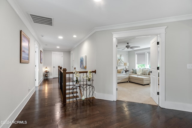 hall with crown molding and dark hardwood / wood-style flooring