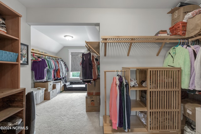 spacious closet featuring vaulted ceiling and carpet flooring