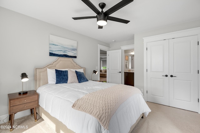 bedroom with light carpet, a closet, and ceiling fan