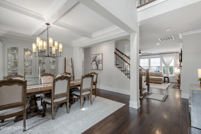 dining area featuring coffered ceiling, ceiling fan with notable chandelier, beamed ceiling, ornamental molding, and dark hardwood / wood-style floors