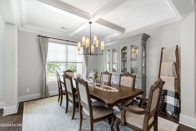 dining space featuring beamed ceiling, ornamental molding, coffered ceiling, a notable chandelier, and dark hardwood / wood-style flooring