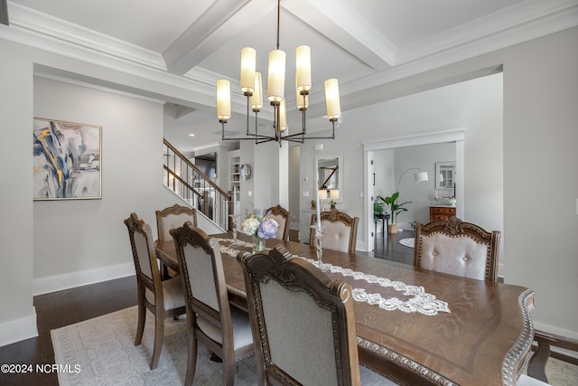 dining space featuring a notable chandelier, beamed ceiling, crown molding, and dark hardwood / wood-style flooring