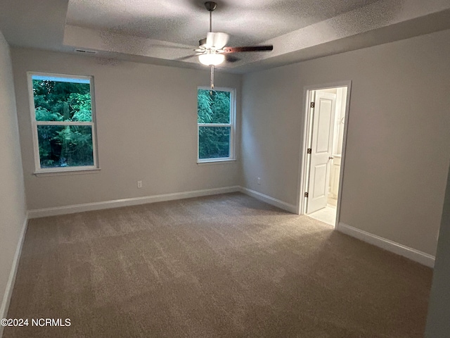 carpeted spare room featuring a tray ceiling, ceiling fan, plenty of natural light, and a textured ceiling