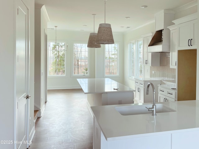 kitchen featuring white cabinetry, an island with sink, sink, hanging light fixtures, and custom range hood