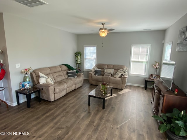 living room with a wealth of natural light, ceiling fan, and dark hardwood / wood-style flooring