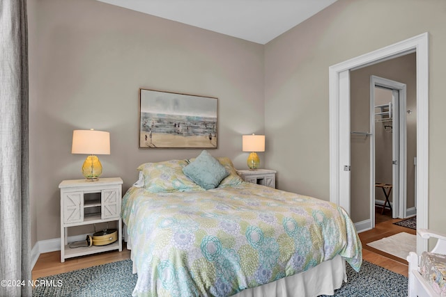 bedroom featuring a walk in closet, a closet, and wood-type flooring