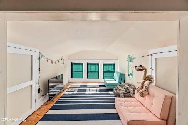 living room with vaulted ceiling and hardwood / wood-style flooring